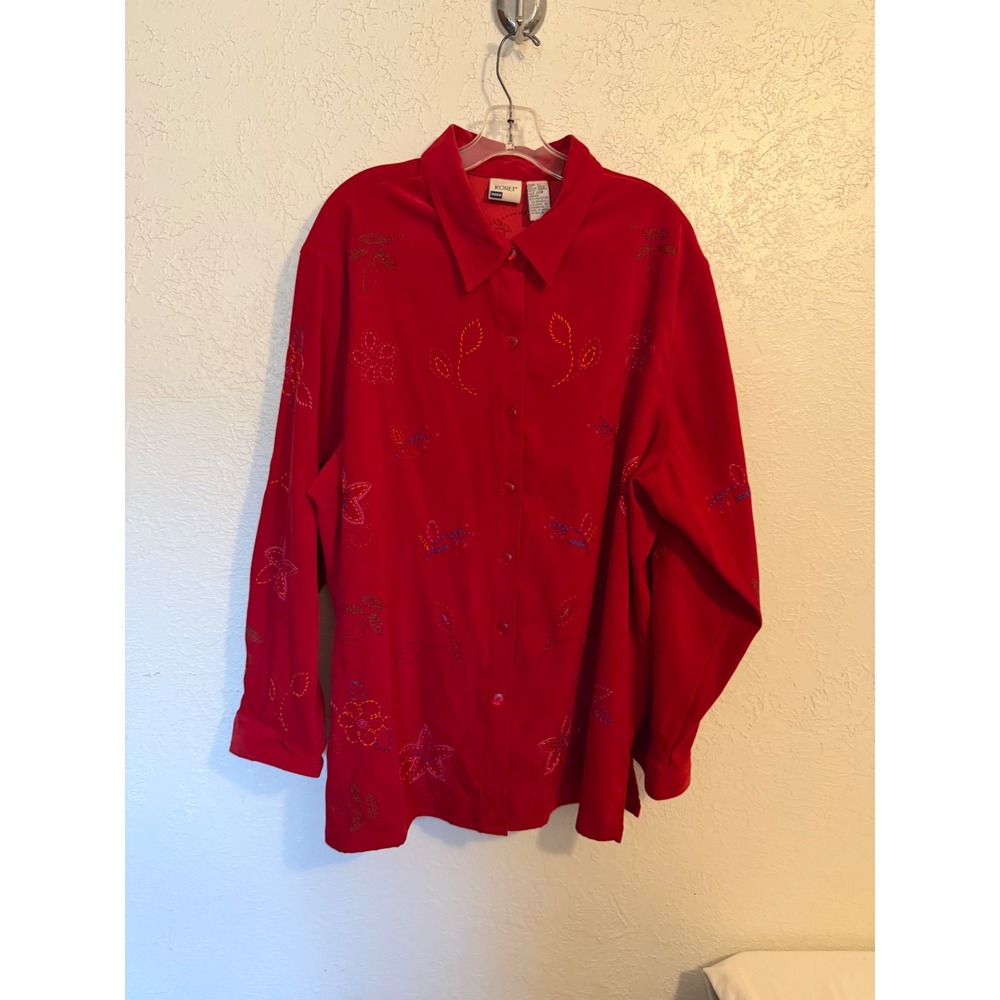 Koret Woman Red Embroidered Floral Button Up Blouse Plus Size 20W Grandmacore